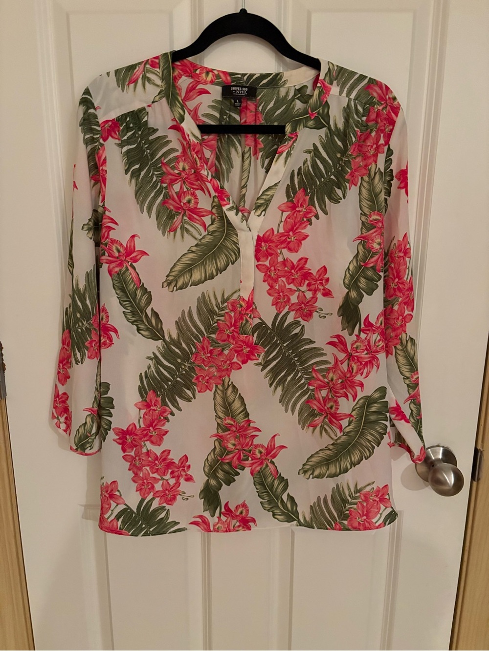 Chico's White Tunic with Pink Floral and Green Leaf Print